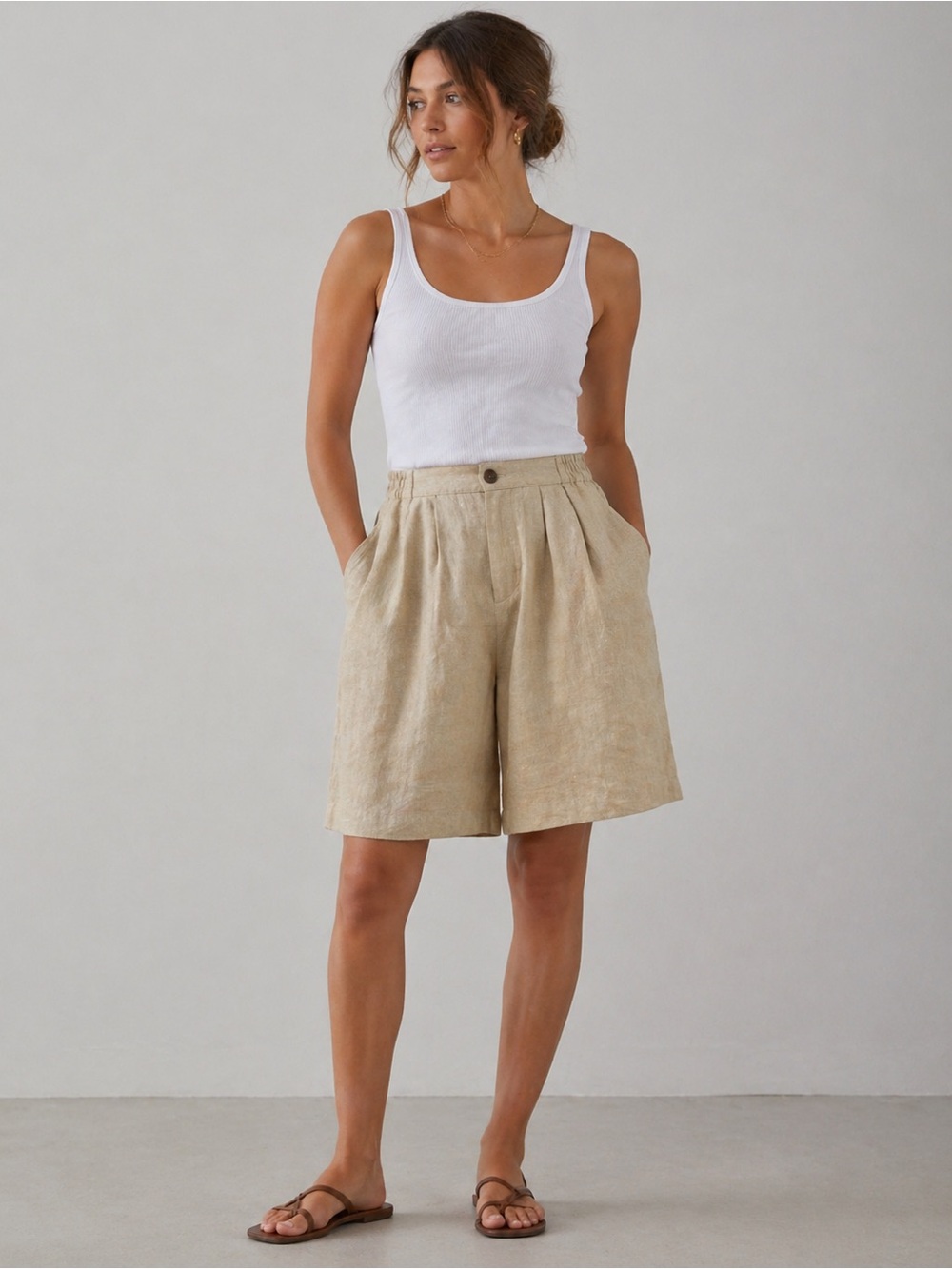 Pleated High-Waist Linen Bermuda Shorts in Light Beige